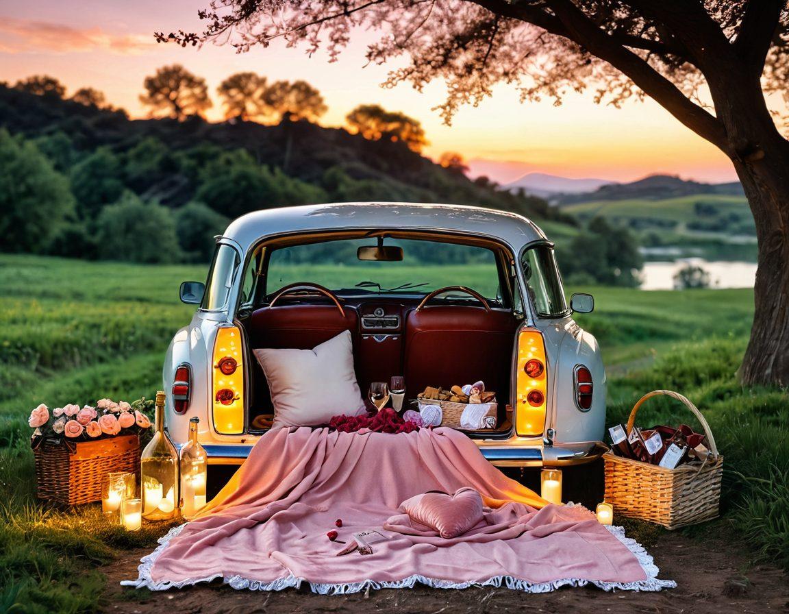 A beautifully decorated vintage car with soft, fairy lights intertwined around the mirrors and a romantic picnic setup in the backseat, featuring a heart-shaped picnic blanket and a bottle of wine. The scene takes place at sunset, creating a warm and inviting atmosphere with soft colors in the sky. Surrounding the car are blooming flowers and a scenic view of a winding road. super-realistic. vibrant colors. warm tones. romantic ambiance.