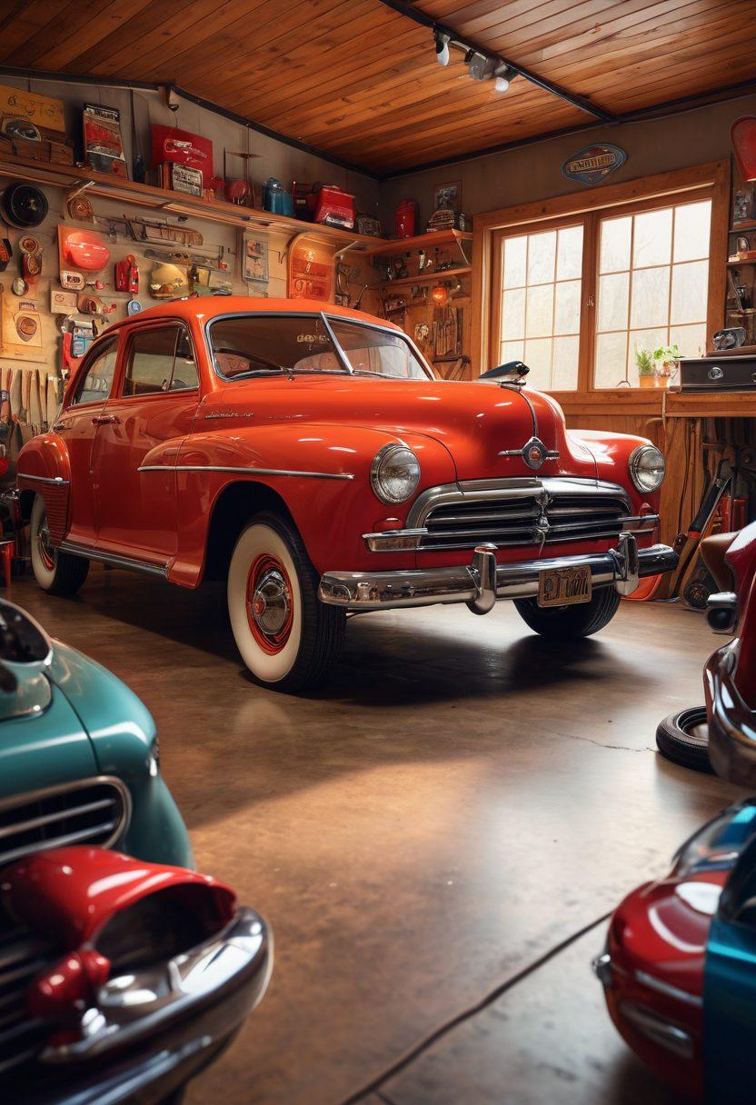 A cozy garage filled with vibrant automotive decor, showcasing beautifully customized vehicles adorned with heart-themed designs, vintage car posters, and tools arranged artistically. Soft ambient lighting casts warm tones over the scene, invoking a sense of passion for cars. Include a mechanic passionately working on a car, surrounded by colorful automotive memorabilia. artistic illustration. vibrant colors. warm tones.